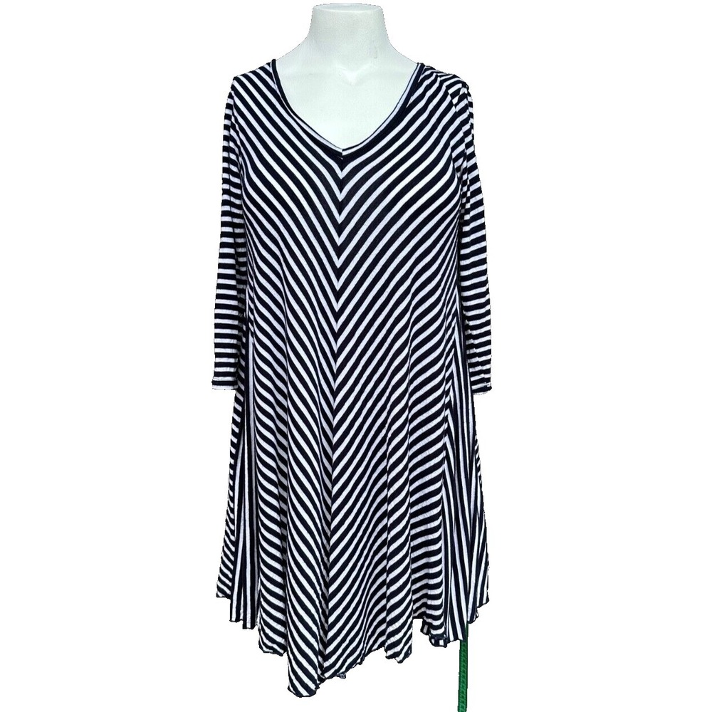 Comfy USA Tunic Dress Womens Medium Black White Striped Lagenlook Minimalist